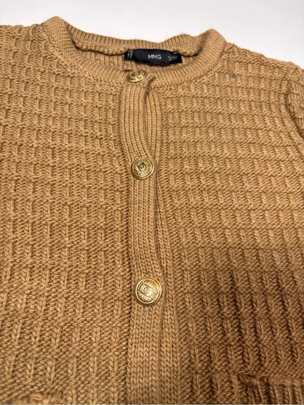 Mango Tan Chunky Knit Wool Blend Cardigan Gold Buttons Size Small